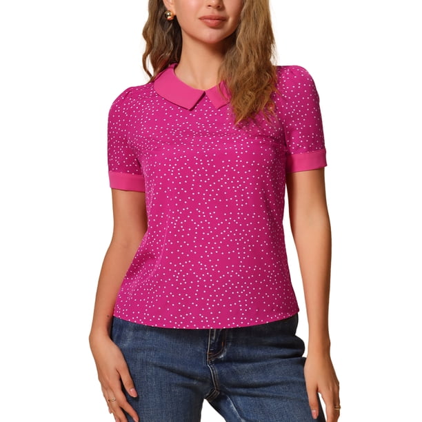 INSPIRE CHIC Blusas de Mujer para Regreso a Clases con Cuello Peter Pan en Contraste y Lunares de Manga Corta XL Rosa Fucsia