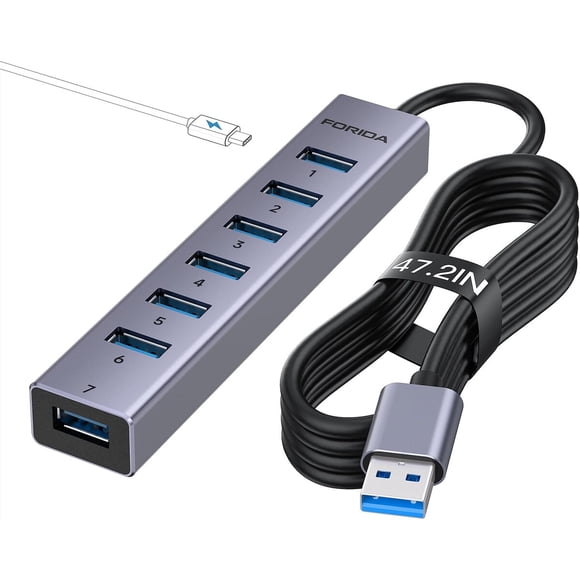 Hub USB FORIDA de 8 puertos USB 3.0 de aluminio, 5 Gbps, cable de 47,2 pulgadas