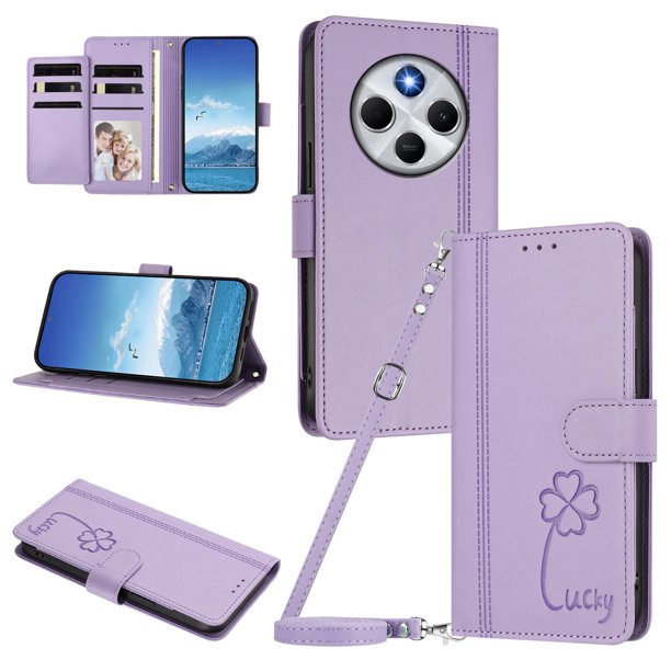 Funda Cartera Trébol para Xiaomi Redmi 14C 4G con Ranuras Tarjetas y Carga Inalámbrica Morado claro