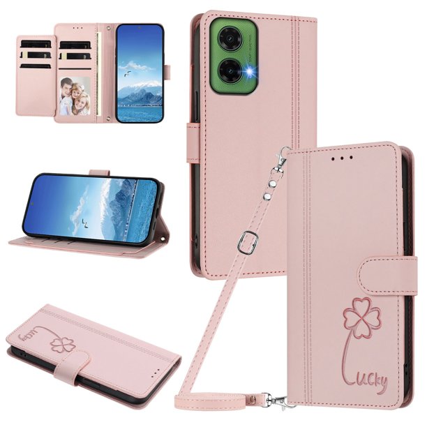 Funda Cartera Trébol para Motorola Moto G35 5G con Ranuras Tarjetas y Carga Inalámbrica Rosa