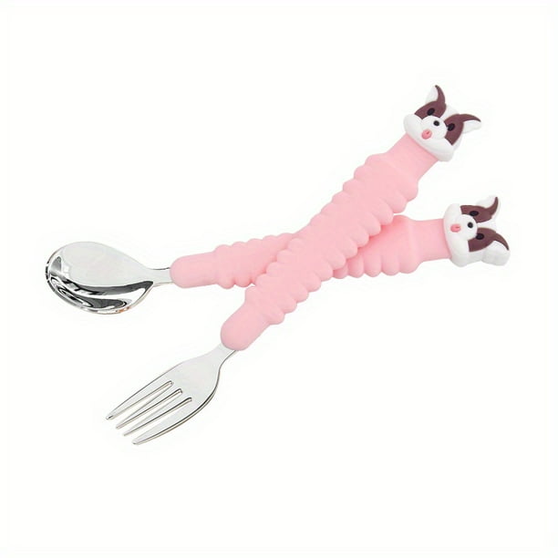 1pc 304 Stainless Steel Kids Fork Spoon Set Cartoon Long Handle Fork Spoon Cute Silicone Kitchen Dining Children's Day Gift Christmas Gift