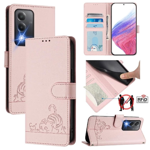 Funda tipo cartera FOXDOCK para OPPO A3 PRO 5G con soporte, ranuras, RFID, diseño de gato