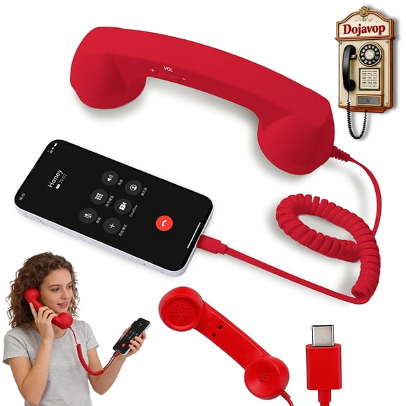 Auricular retro para teléfono Dojavop para iPhone y teléfono fijo, estilo rotativo, rojo