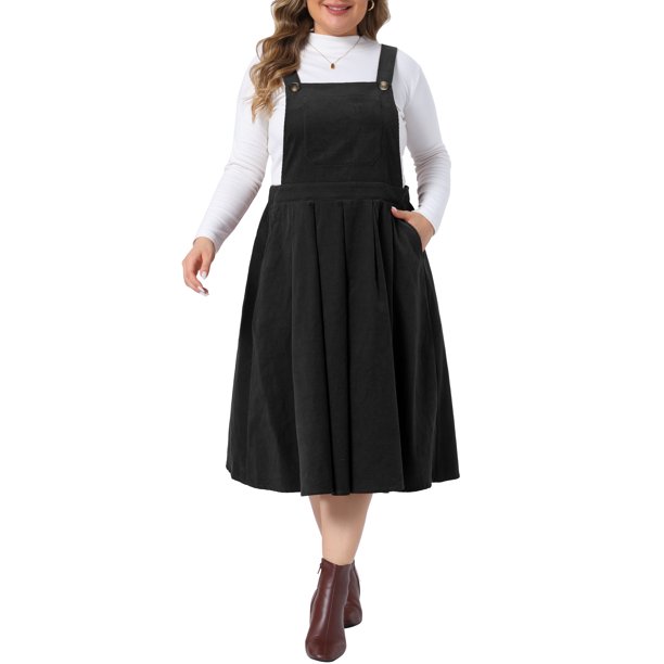 Agnes Orinda Conjuntos de Halloween para Mujeres Tallas Grandes Vestido Peto de Pana con Tirantes Ajustables Vintage Cómodo Otoño Invierno Vestidos de Peto Plisados con Bolsillos 1X Negro