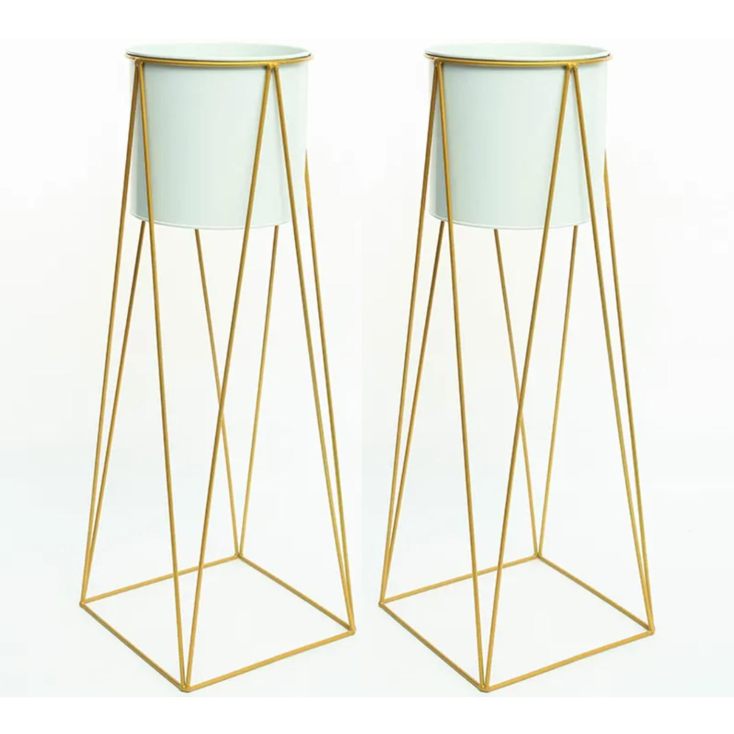 Fliperex - Set 2 Porta Maceteros Pedestal Igual Tamaño Blanco Dorados