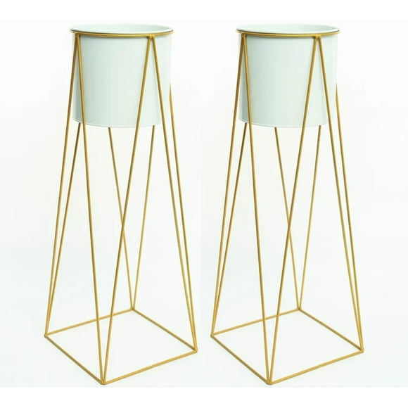 Set 2 Porta Maceteros Pedestal Igual Tamaño Blanco Dorados