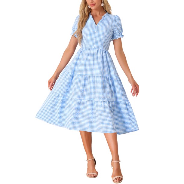 INSPIRE CHIC Vestido Midi de Cuadros para Mujer con Cuello en V, Manga Corta, Vestido de Verano con Volantes y Detalle de Botones Azul XS
