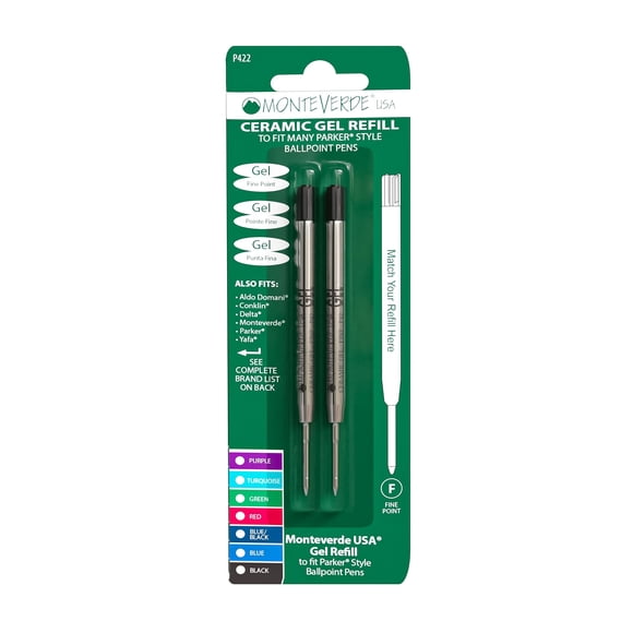 Monteverde Recarga de Gel sin Tapa para Parker, Punta Fina, Negro, Pack de 2