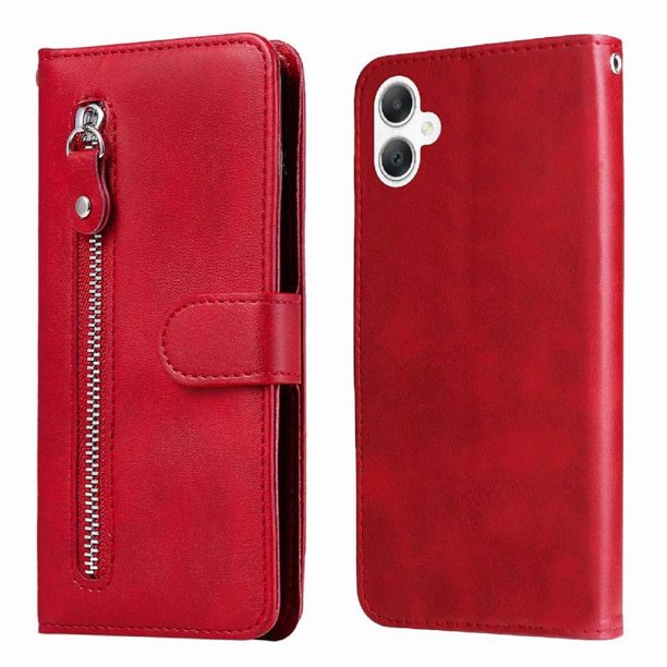 Funda tipo cartera para Samsung Galaxy A06 5G con bolsillo con cremallera y ranuras para tarjetas – Función de soporte Rojo