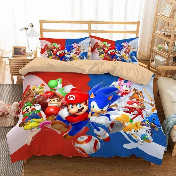 Super Mario And Sonic The Hedgehog Quilt Duvet Cover Set Soft Kids Bedding3-Piece Bedding Set