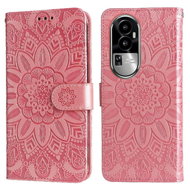 Funda tipo cartera FOXDOCK para OPPO Reno 10 5G , diseño girasol en relieve, cuero PU, cierre magnético, soporte y tarjetero