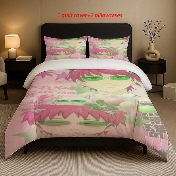 Pink Hair Green Glasses Anime Character Saiki Kusuo Pattern Bedding Set Soft and Comfortable Suitable for All Seasons
