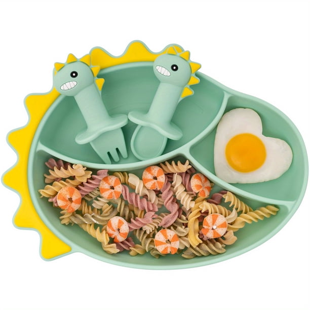 Delightful Silicone Toddler Plates Sets - Suction Plates, Spoon & Fork Set, Self Feeding Training, BPA Free & Microwave/Dishwasher Safe!