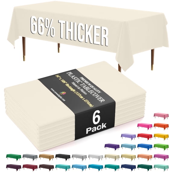 Party Solids – Mantel rectangular de plástico premium 66 % más grueso, 0,5 mil, pack de 6, color marfil, 54 in x 108 in (137 cm x 274 cm), descartable y no se rasga fácilmente