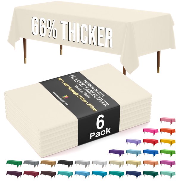Party Solids – Mantel rectangular de plástico premium 66 % más grueso, 0,5 mil, pack de 6, color marfil, 54 in x 108 in (137 cm x 274 cm), descartable y no se rasga fácilmente