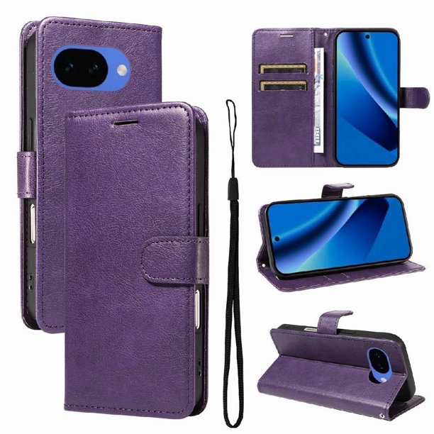 Funda tipo cartera para Google Pixel 10A con tapa abatible, ranuras para tarjetas, soporte magnético y correa Morado