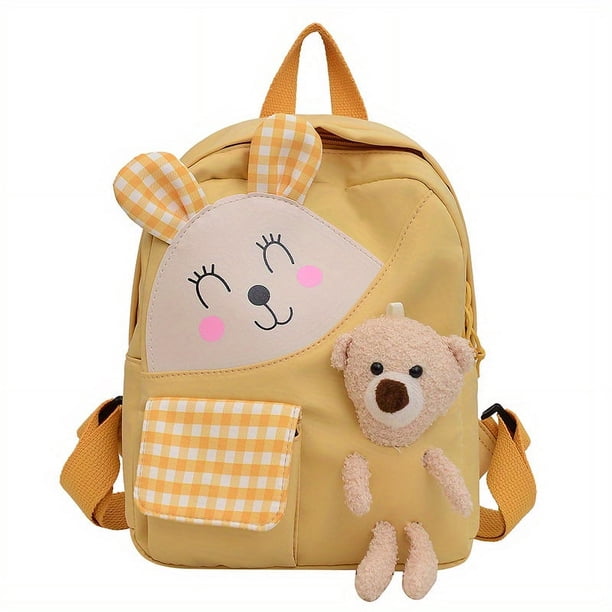 1pc Children's Cartoon Rabbit Plaid Backpack With Plush Teddy Bear, Sweet Cute Lightweight Backpack Casual Travel Backpack Kindergarten Kids School Bag