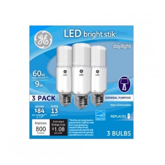 Paquete de 3 bombillas LED GE Bright Stik de 9 W, 800 lm, 5000 K, 15 000 h