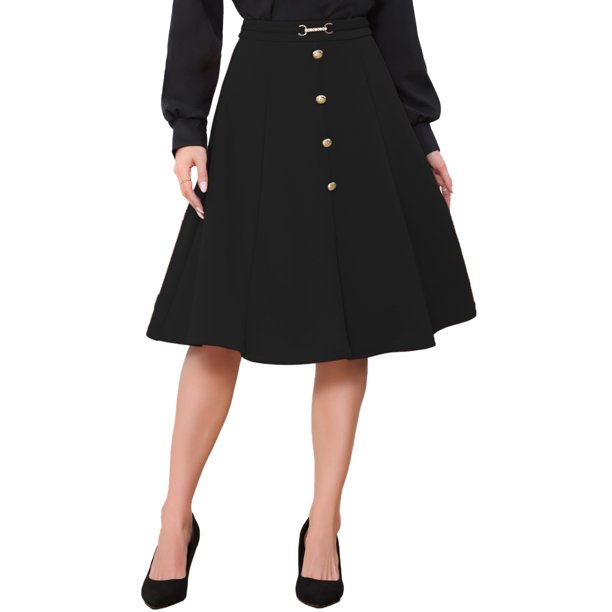 INSPIRE CHIC Falda Midi Plisada de Línea A para Mujer Vintage de Trabajo Cintura Alta Falda Acampanada de Negocios XS Negro