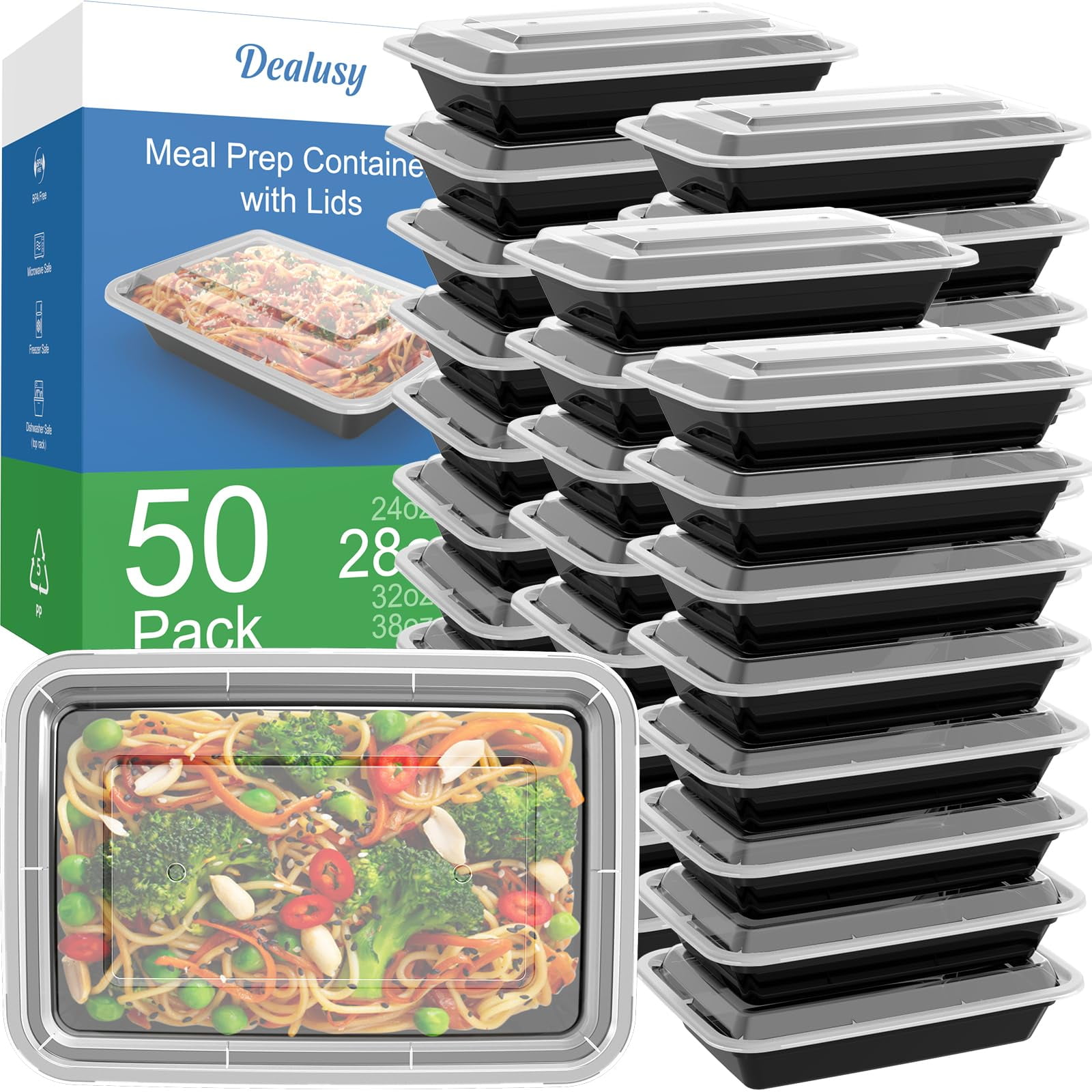 Envases Dealusy Para Preparación De Comidas, 50 Unidades, 800 Ml, Reutilizables Con Tapas