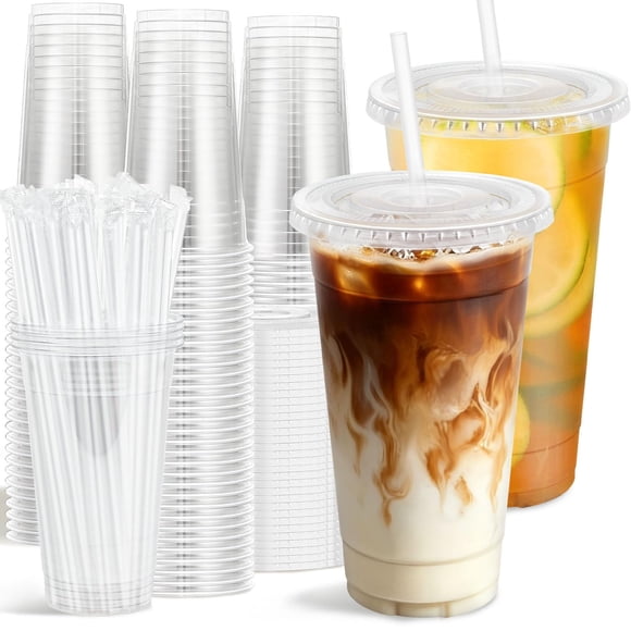 Vasos de plástico Clawsoff 709 ml con tapas y pajillas – paquete de 100