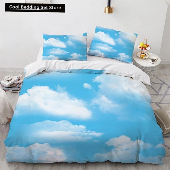 Blue Sky King Queen Duvet Cover Pink Flowers White Flying Bird Bedding Set for Kids Teens Adults 3d Natural Scenery Quilt Cover