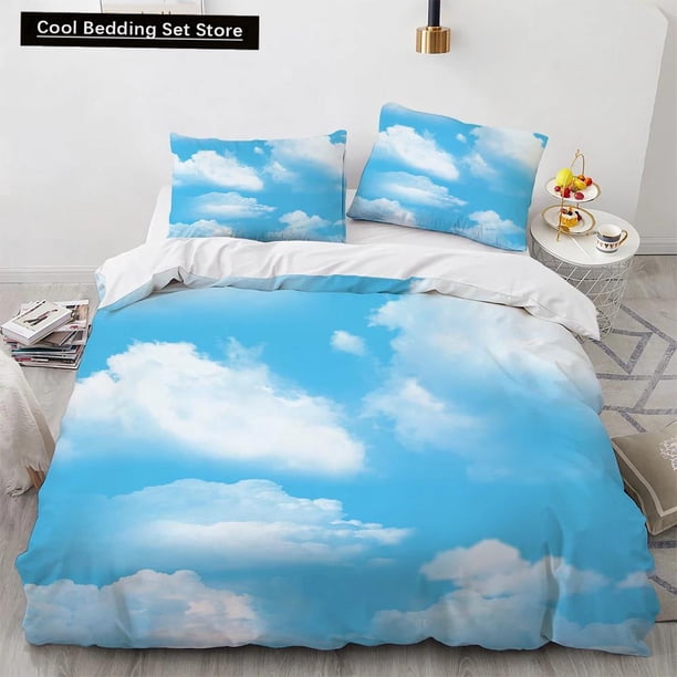 Blue Sky King Queen Duvet Cover Pink Flowers White Flying Bird Bedding Set for Kids Teens Adults 3d Natural Scenery Quilt Cover