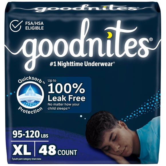 Ropa interior para mojar la cama por la noche GoodNites para niños, XL, 95 a 120 libras, 48 unidades