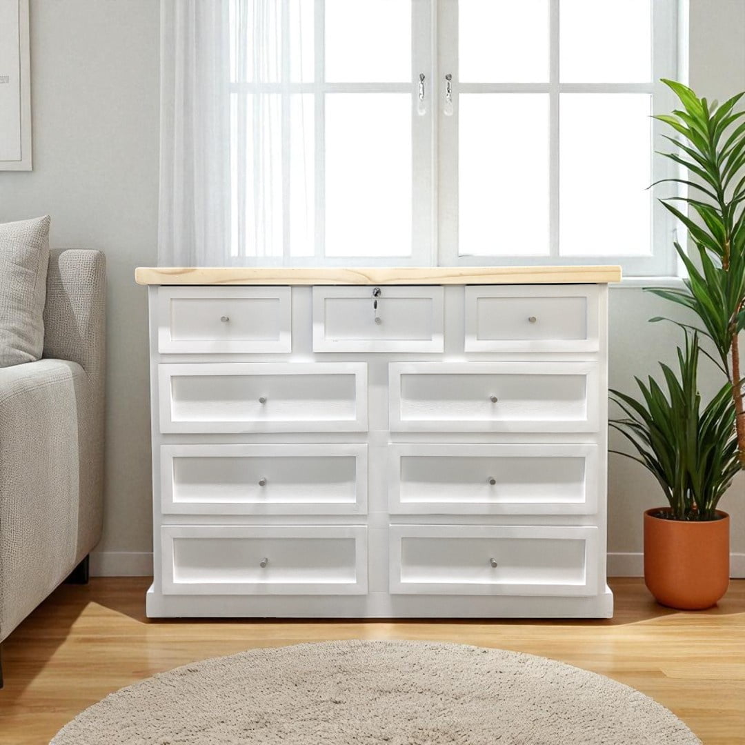 Arca Muebles - Comoda De Madera 9 Cajones 120x40x90 Color Blanco Cubierta Natural