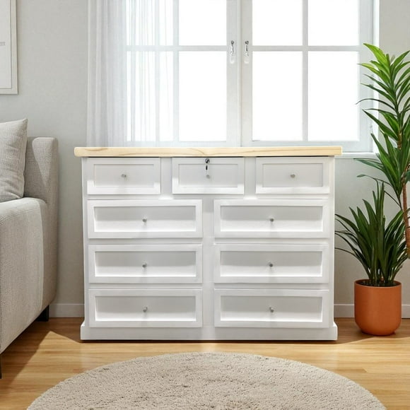 Comoda de Madera 9 cajones 120x40x90 Color Blanco cubierta Natural