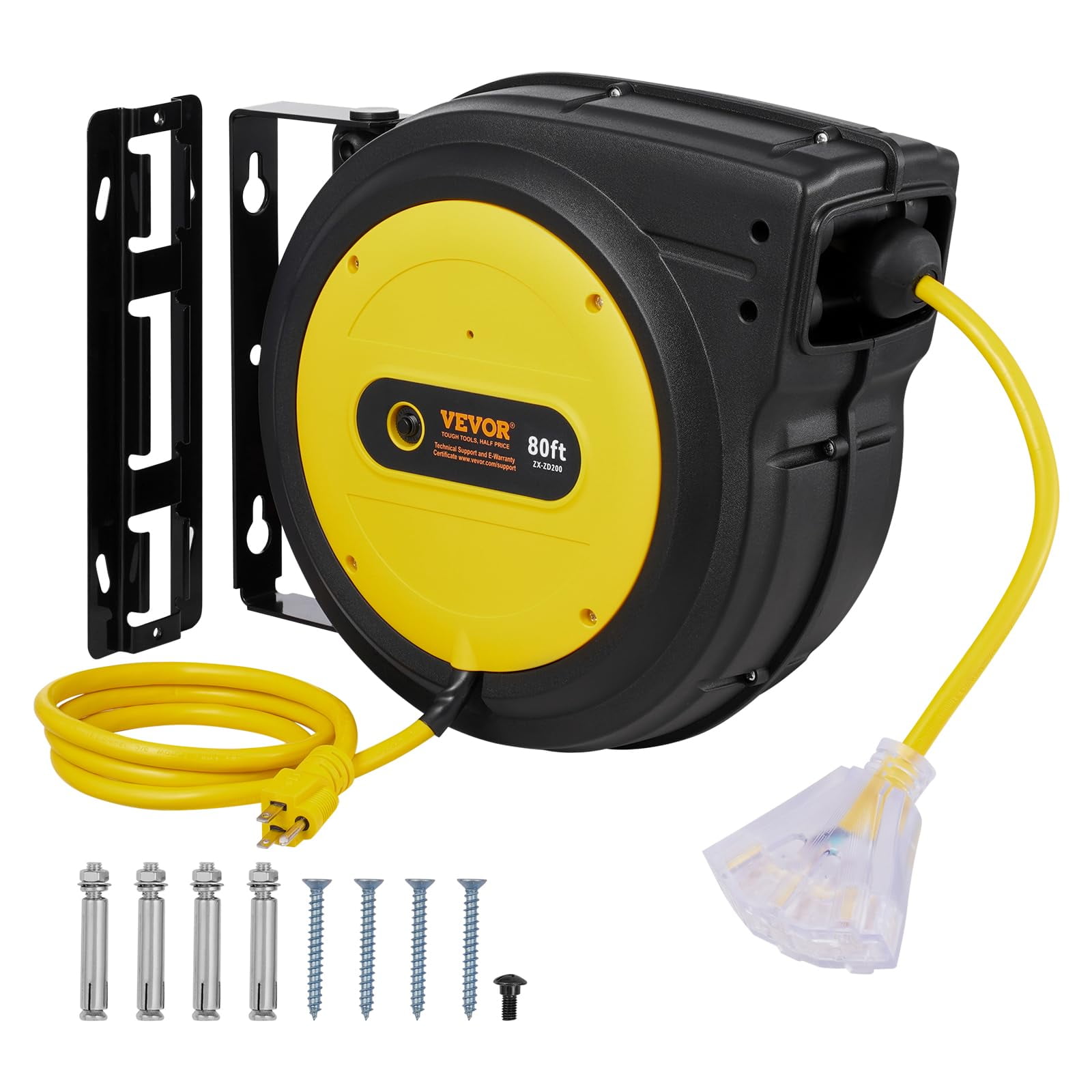 Carrete De Cable De Extensión Retráctil Vevor De 80 Pies Con 3 Salidas De 15 A