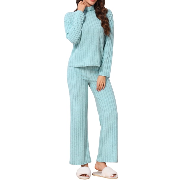 INSPIRE CHIC Conjuntos de Pijama para Mujeres de Punto Acanalado Manga Larga Cuello Alto Acogedor Suéteres Pantalones de Pierna Ancha Conjunto de Dos Piezas L Azul Claro