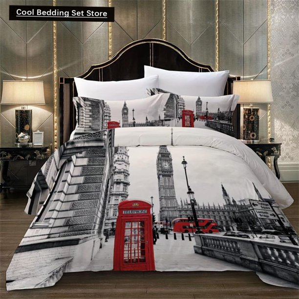 x1649 Bed Sheets The Streets Of London Print Bedding Set, Soft Comfortable Breathable Duvet Cover, For Bedroom Guest Room Decor 3-Piece Bedding Set (1 Duvet Cover + 2 Pillow Shams) nj1649