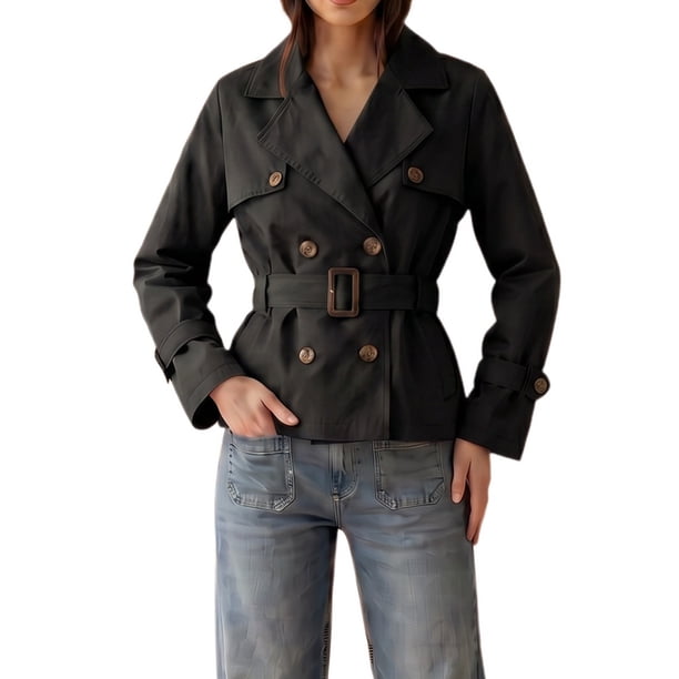 INSPIRE CHIC Abrigo de Mujer de Largo Medio con Doble Botonadura Clásica, Solapa con Muesca, Cinturón, Puño Ajustable, Chaqueta a Prueba de Viento, Abrigo Pequeño Negro