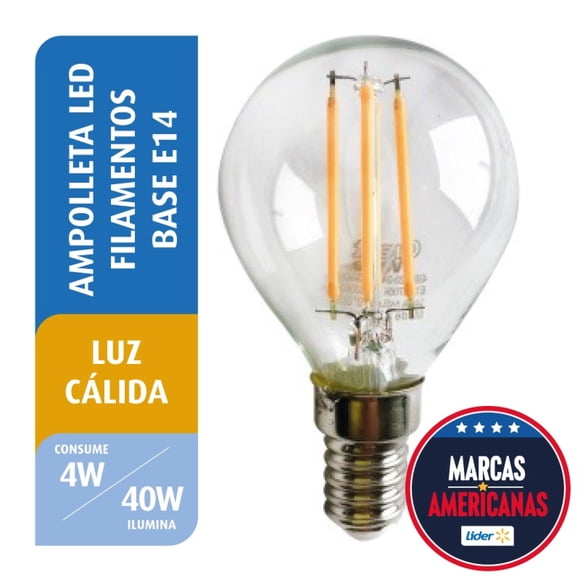Ampolleta LED Filamneto Bola 4W Luz Cálida Base E14