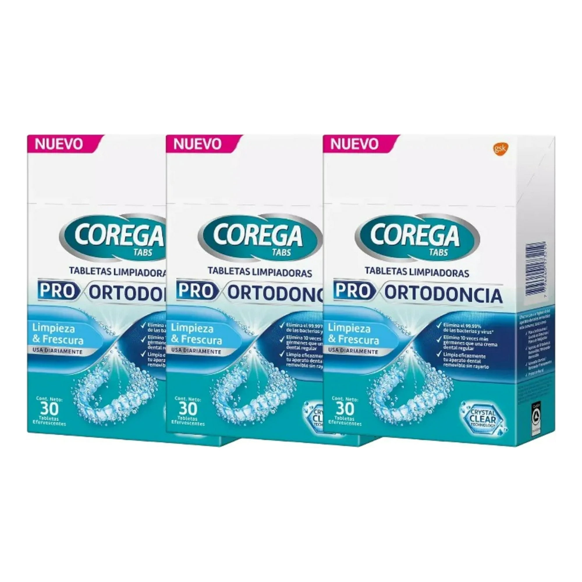 Pack Tabletas Limpiadoras Pro Ortodoncia 30u Corega X3