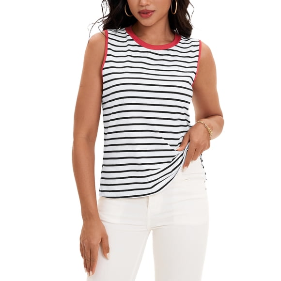 ATHLECHIC Camiseta sin mangas de regreso a clases para mujer con bloques de color a rayas, aberturas laterales, cuello redondo, verano, sin mangas, blanco rojo S