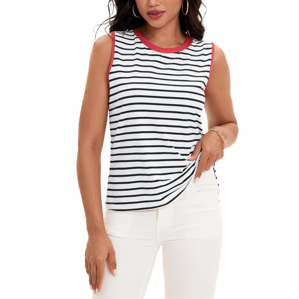 ATHLECHIC Camiseta sin mangas de regreso a clases para mujer con bloques de color a rayas, aberturas laterales, cuello redondo, verano, sin mangas, blanco rojo S