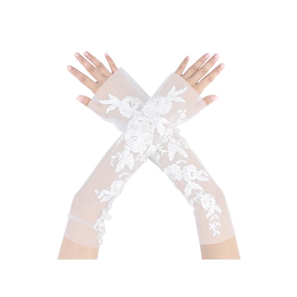 Guantes de malla floral de encaje para mujer INSPIRE CHIC con perlas, lazo y lunares, longitud de muñeca sin dedos para boda elegante, fiesta de noche Blanco10