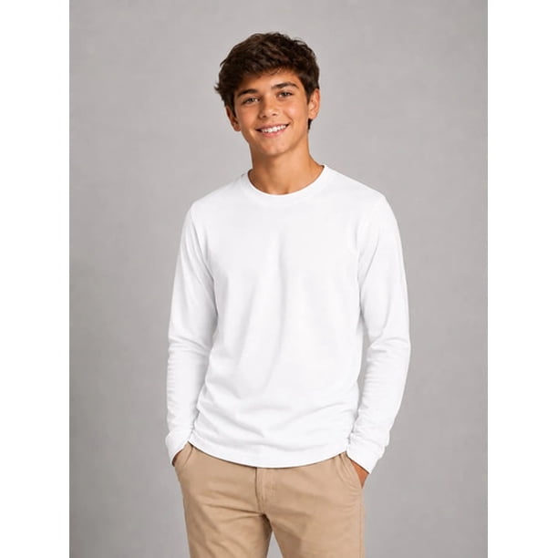 Polera De Niño Manga Larga Basica 100%algodon Cuello Redondo Blanco 10 Lisa