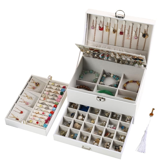 Caja de joyería BOOVO de 5 niveles, cuero PU blanco