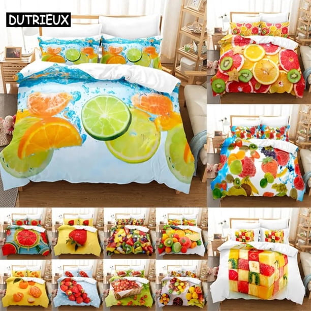 Thin Duvet Cover Set Double Bed Fruit Quilt Cover Bedding Set PCS with Pillowcase Beds