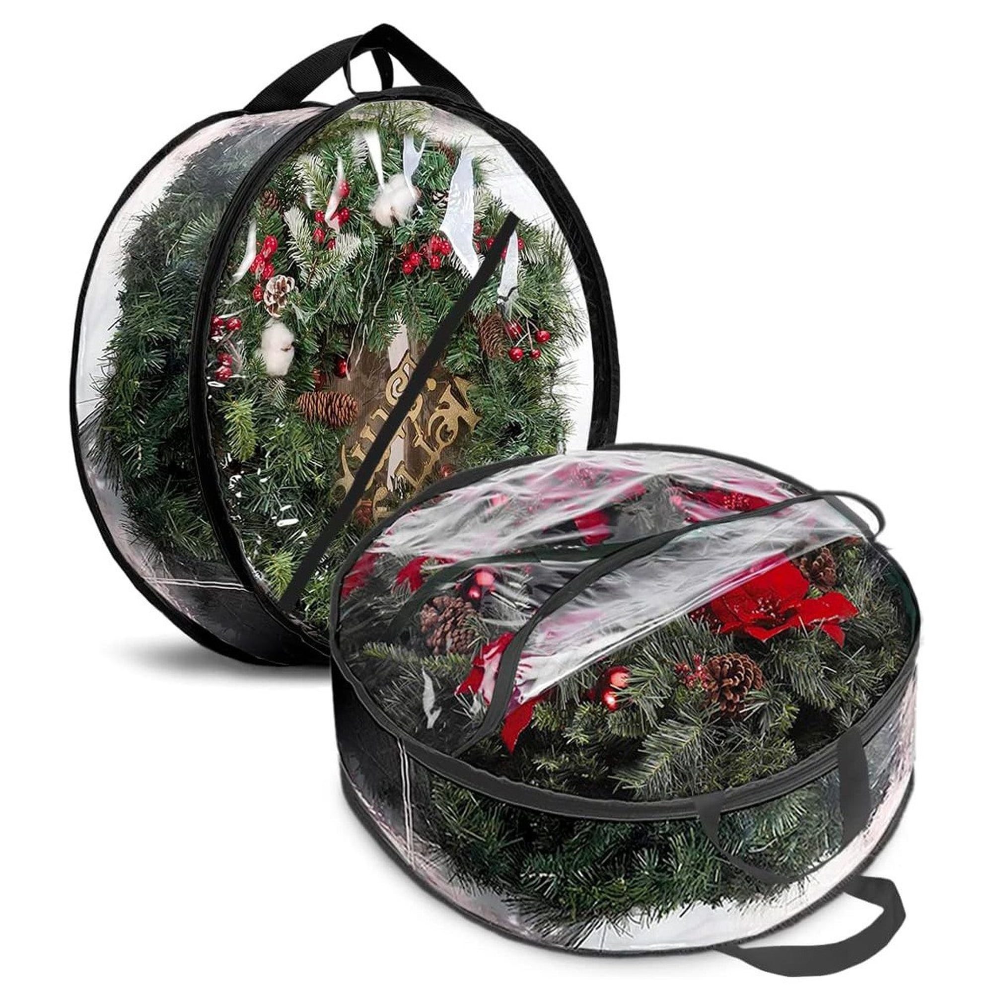 Xusx111 - Bolsa De Almacenamiento De Corona De 2 Paquetes, Bolsa Diaria Clara, Contenedor De Almacenamiento De Corona De Navidad Con Mango Doble Con Cremallera Y Refuerzo Para Guirlanda De Corona De T