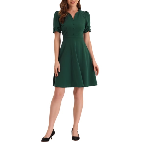 Vestido de Negocios INSPIRE CHIC para Mujer con Escote Corazón y Mangas Cortas Plisadas A-Line Sheath S Verde Oscuro