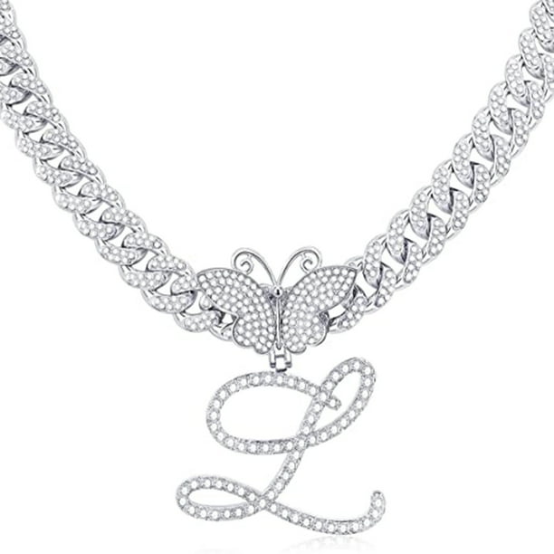 Stylish Hip Hop Cuban Butterfly Necklace with White Letter Initials