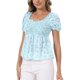 thumbnail image 4 of INSPIRE CHIC Blusa Floral para Mujer de Regreso a Clases Cuello Corazón Manga Corta Abullonada Top Peplum Fruncido Azul Verde M, 4 of 6
