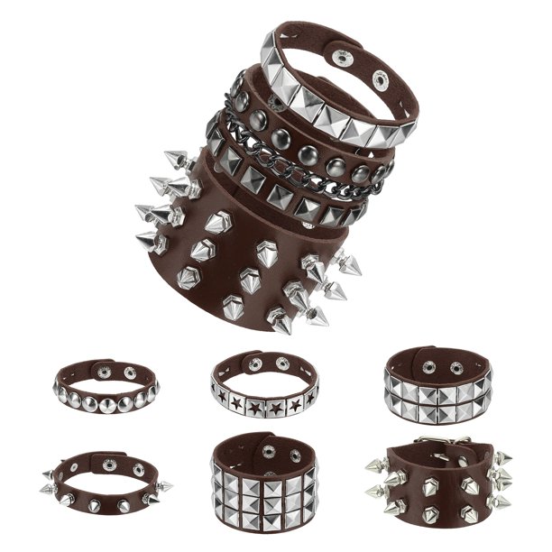 Uxcell 9Pcs Conjunto de Pulseras de Cuero con Tachuelas Rock Punk, 8.7"/22cm Muñequera Ajustable con Picos Góticos para Fiestas de Halloween Accesorios Emo Grunge, Marrón Café