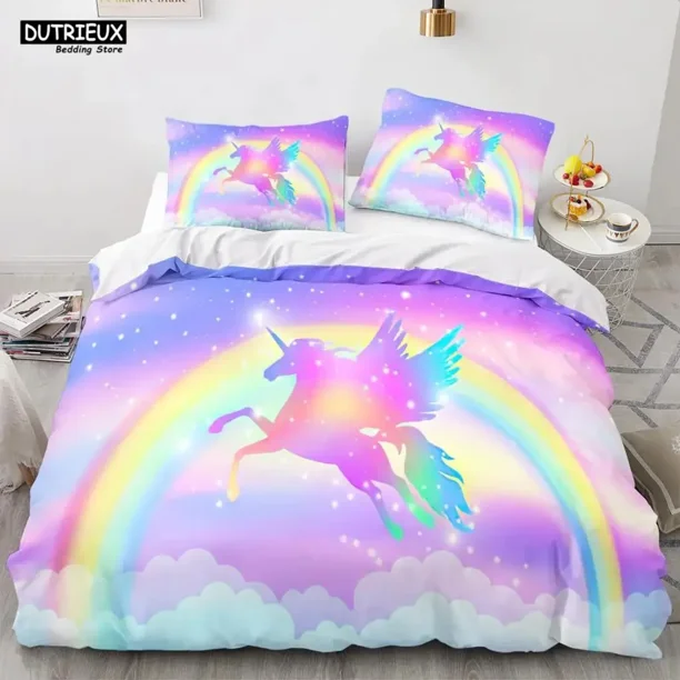 Cartoon Rainbow Unicorn Bedding Set Unicorn Sets Duvet Cover Kids Girls Child Soft Bed Linen Bed Sheets