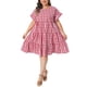 thumbnail image 2 of Vestido de mujer de talla grande Agnes Orinda con cuadros vichy, cuello redondo, mangas con volantes, estilo babydoll escalonado, casual de verano, midi con bolsillo, 4X rojo, 2 of 6