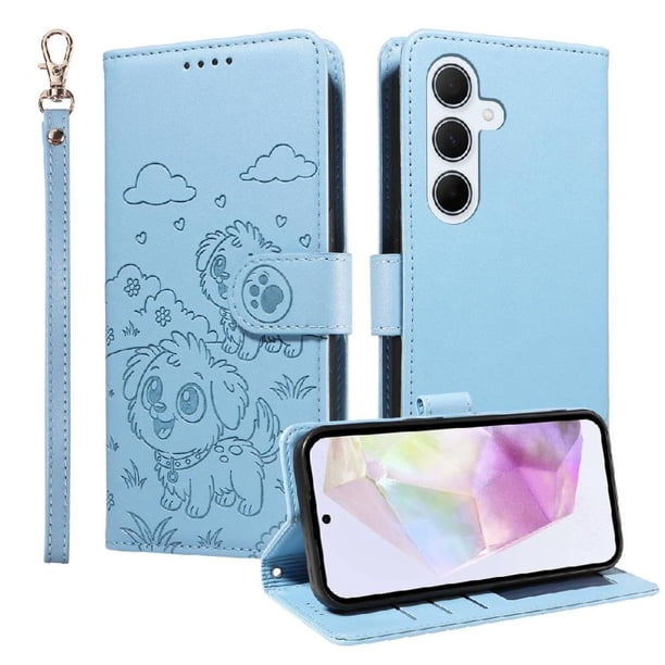 Funda Cartera para Samsung Galaxy A35 5G Perro Cachorro Grabado con Tarjetas Soporte Correa Azul